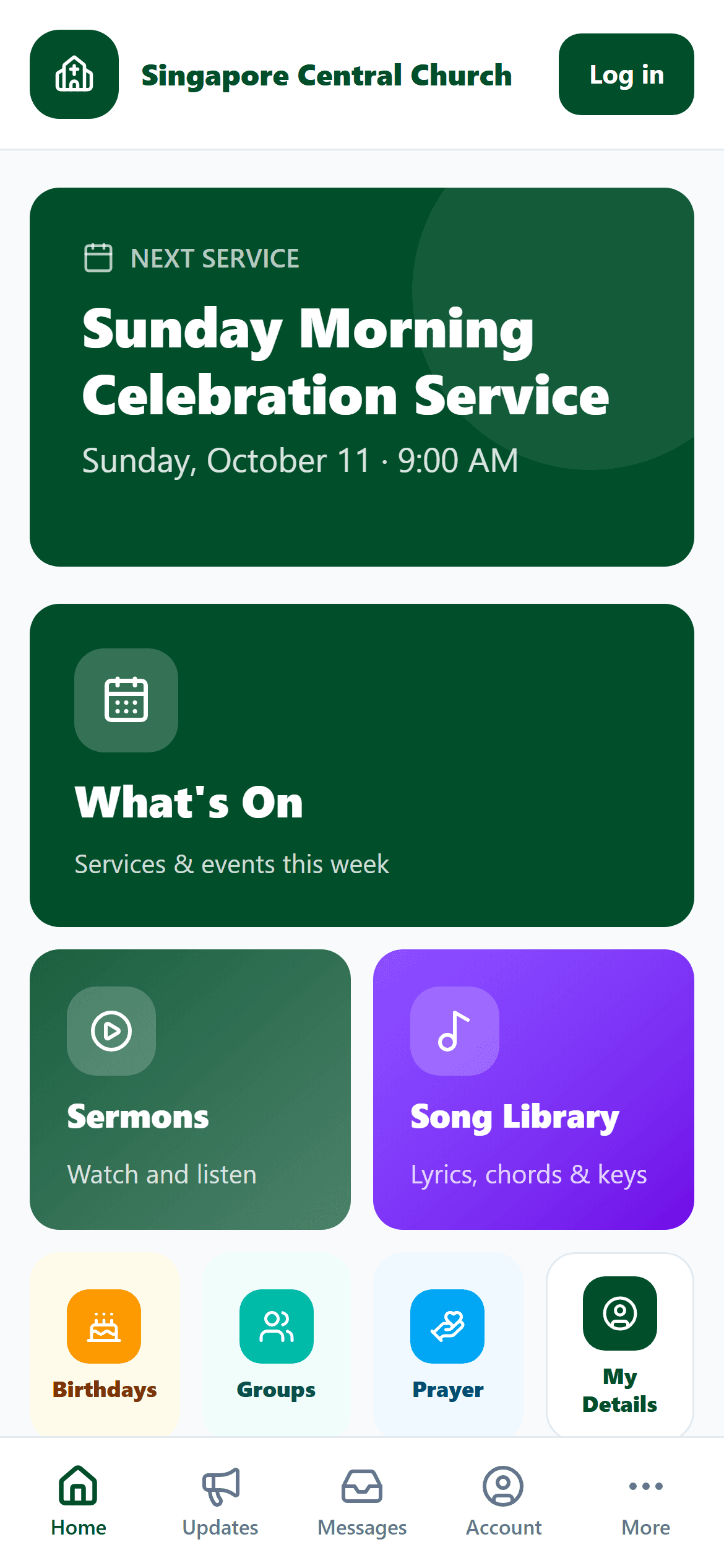 Petra One member app showing the next service and church resources