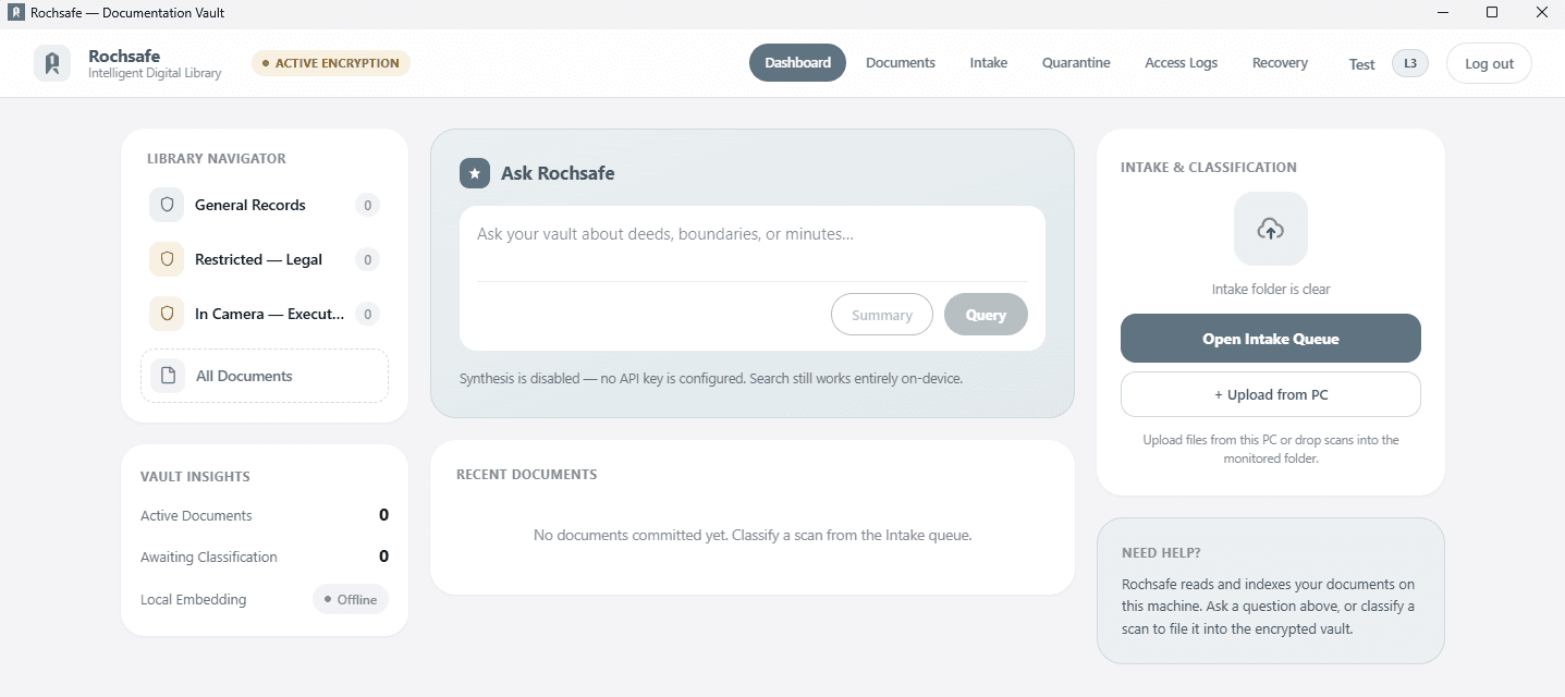 Rochsafe dashboard with the library navigator, Ask Rochsafe and the intake queue