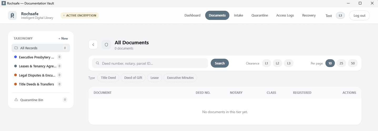 Rochsafe document library with folders, search and clearance filters